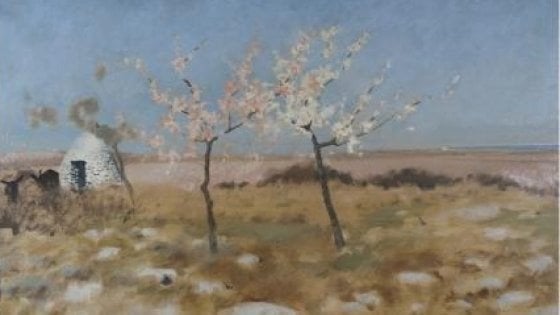 Impressione di paesaggio pugliese con trullo e pesco in fiore